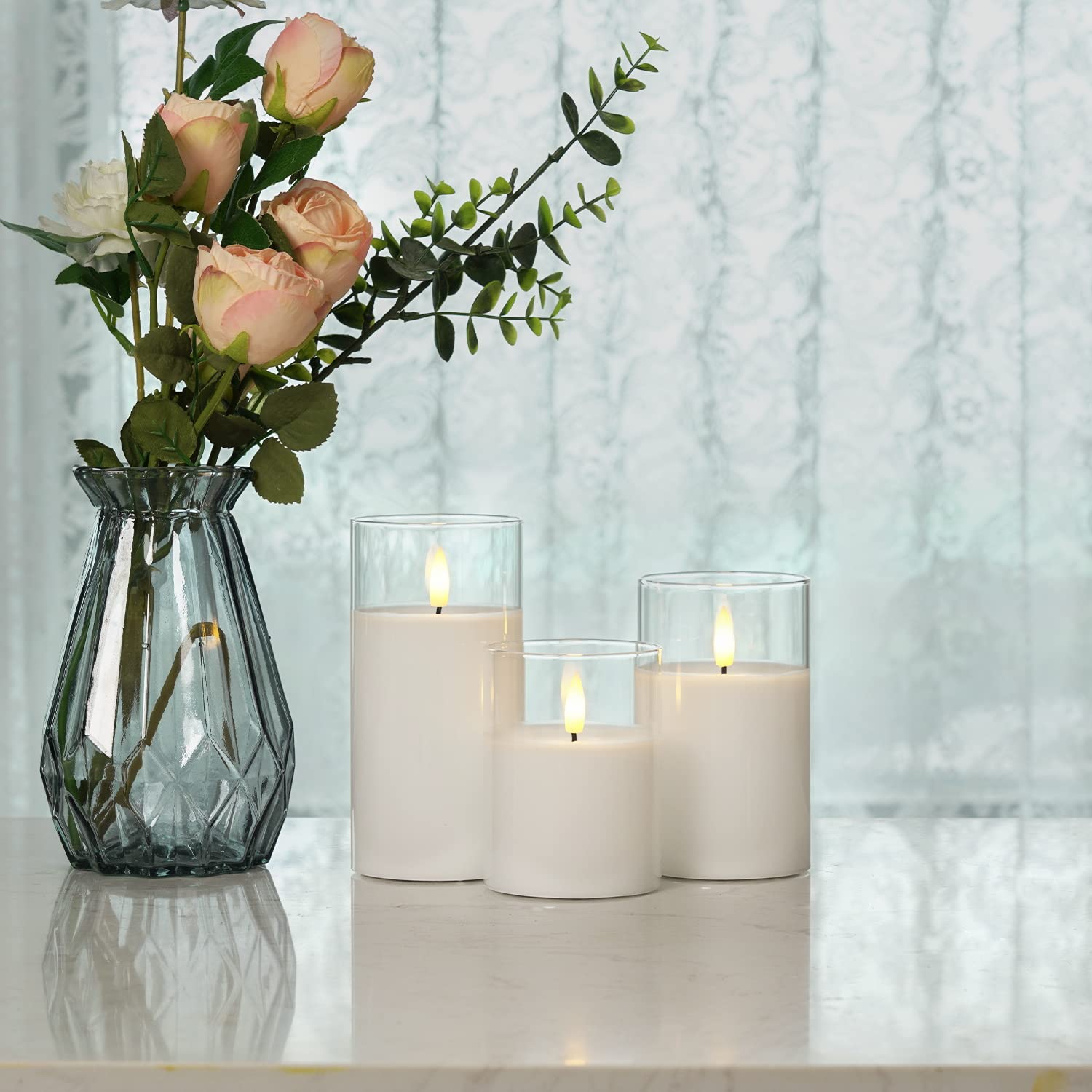 Dining room setup by Homemory candles for cozy, windproof glow.
