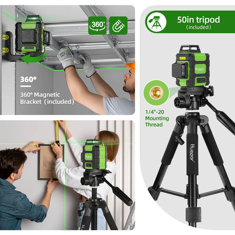 Huepar 360° Laser Level Kit with Tall Tripod — Self-Leveling, Rechargeable, Outdoor Pulse Mode