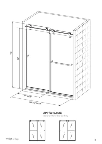 Eurotech Showers VITRA-200 Frameless Shower Door - 56.5-59W x 78H, Brushed Nickel