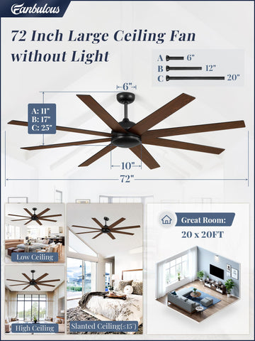 Fanbulous 72-Inch Black Ceiling Fan with Remote – 6-Speed, Quiet DC Motor, No-Light