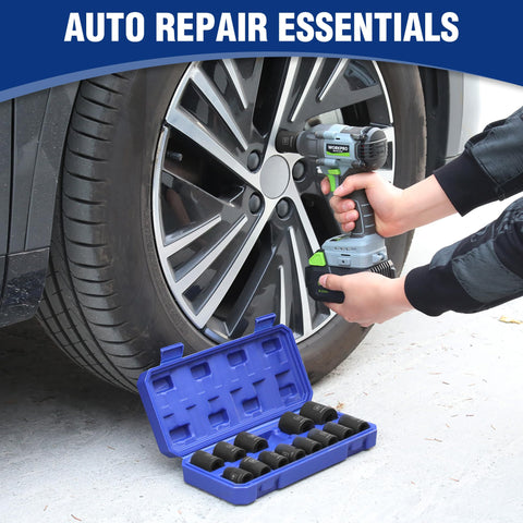WORKPRO 1/2” Drive Shallow Impact Socket Set (14PCS, 10–27mm) – Cr-V Steel, 6-Point, Case