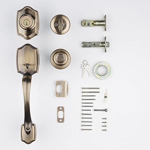 Kwikset Belleview Front Door Lock Set with SmartKey Security – Antique Brass