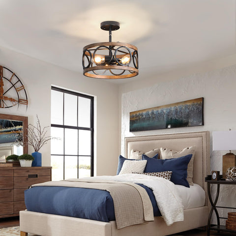 Galtlap Semi Flush Mount Ceiling Light, 3-Lights Modern Farmhouse Ceiling Lighting Fixture, Vintage Close to Ceiling Light for Kitchen Hallway Foyer Bedroom Black and Wood Grain Finish