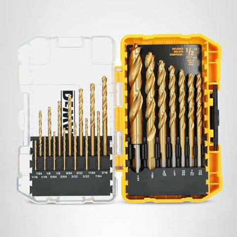 DEWALT DW1361 21-Piece Titanium Nitride Drill Bit Set | Pilot Point, No-Spin Shanks, Durable Case
