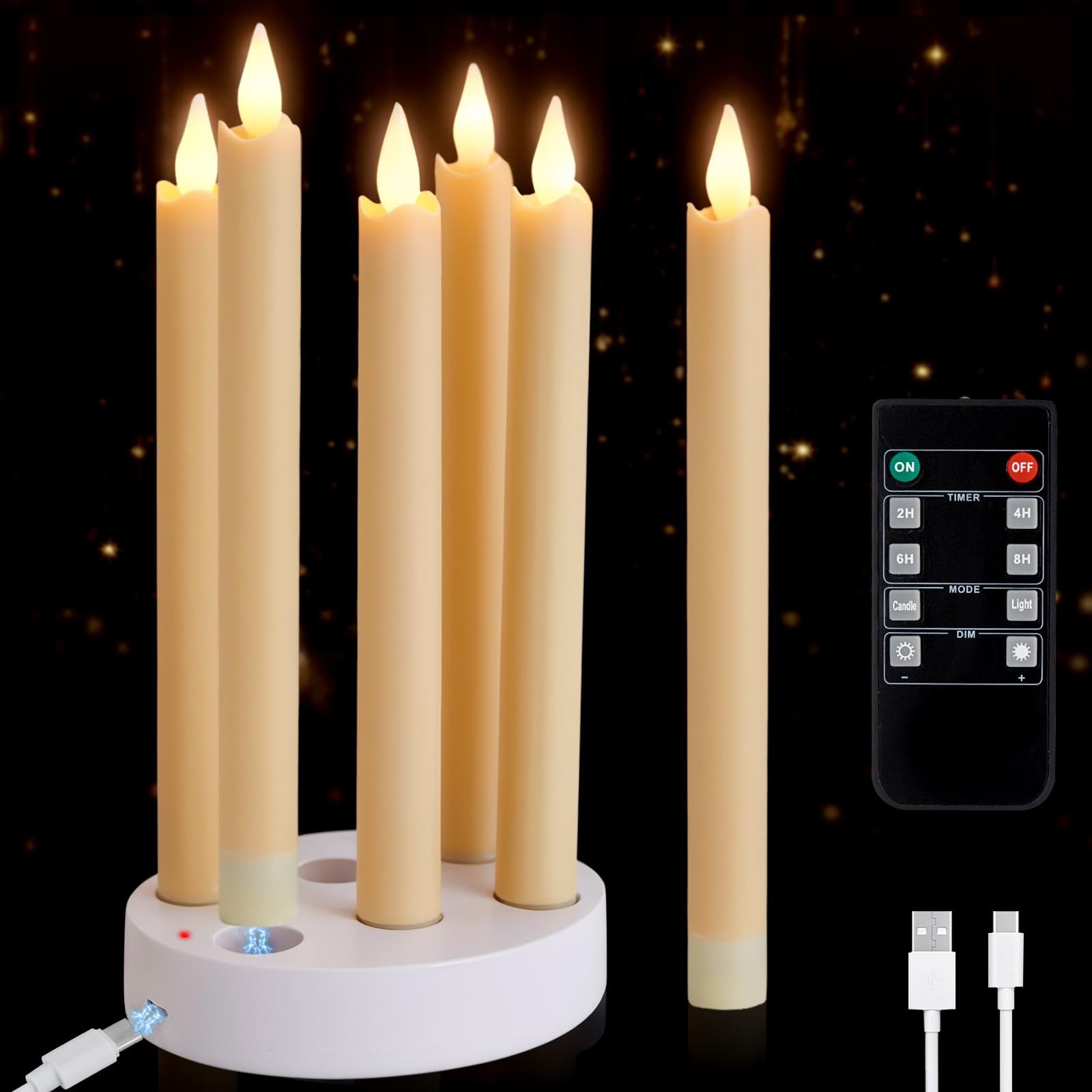 IMAGE rechargeable flameless taper candles with charging station for long-lasting, safe home ambiance.