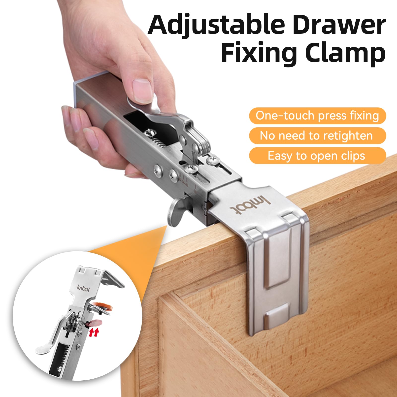 Imbot 2-pack clamps in use during cabinet assembly.