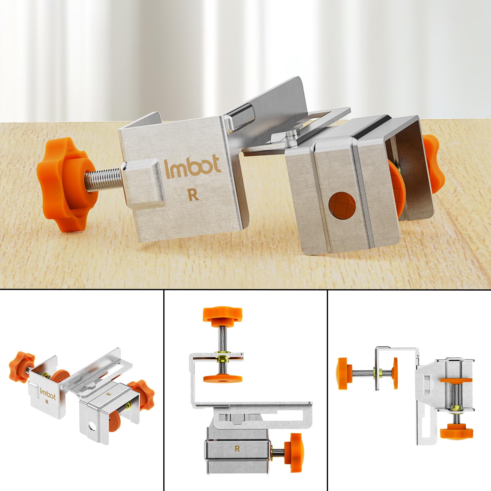 Imbot drawer front clamps in a kitchen setup illustrate quick, secure panel mounting.