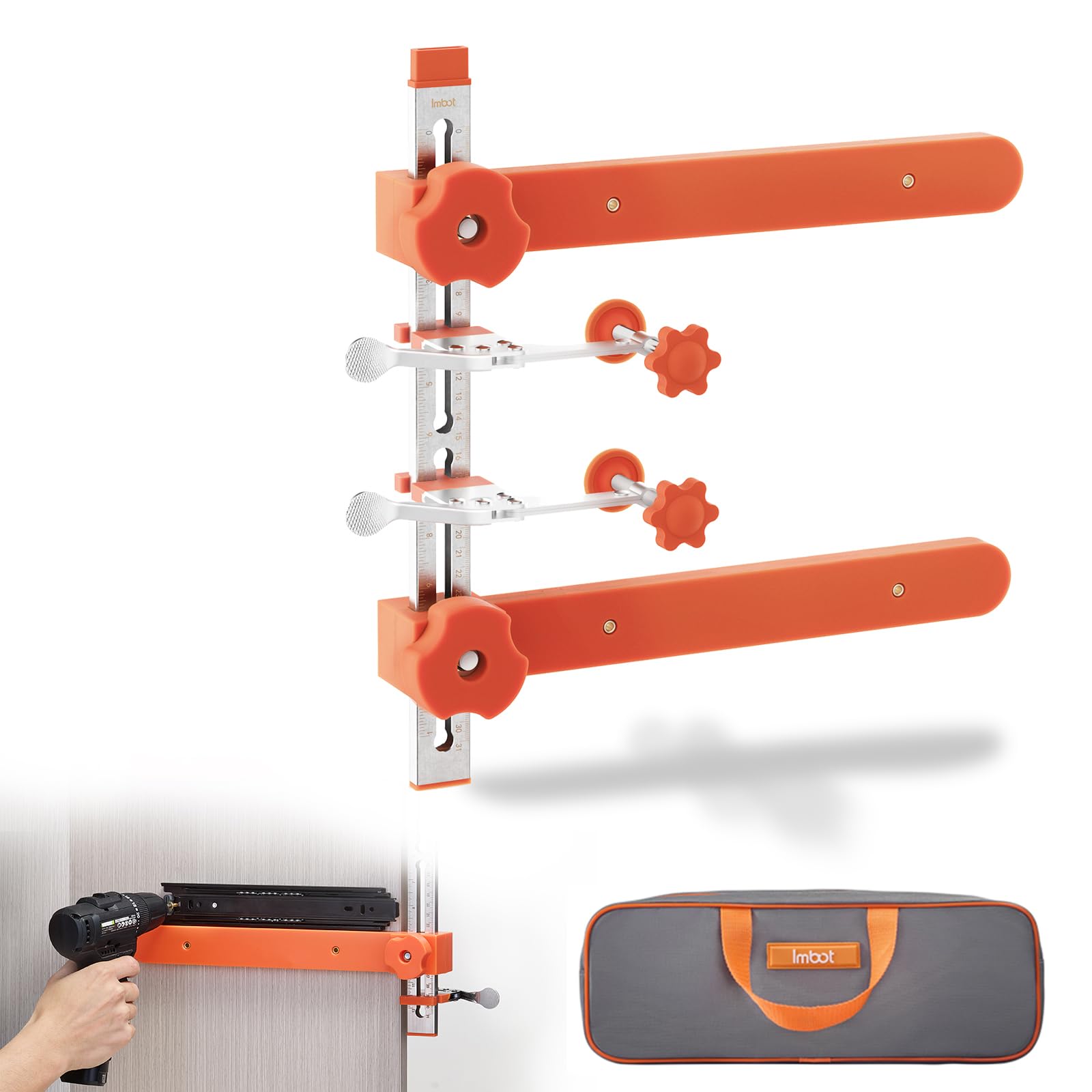 Imbot drawer slide jig with laser dual-scale marks guiding precise cabinet alignment.