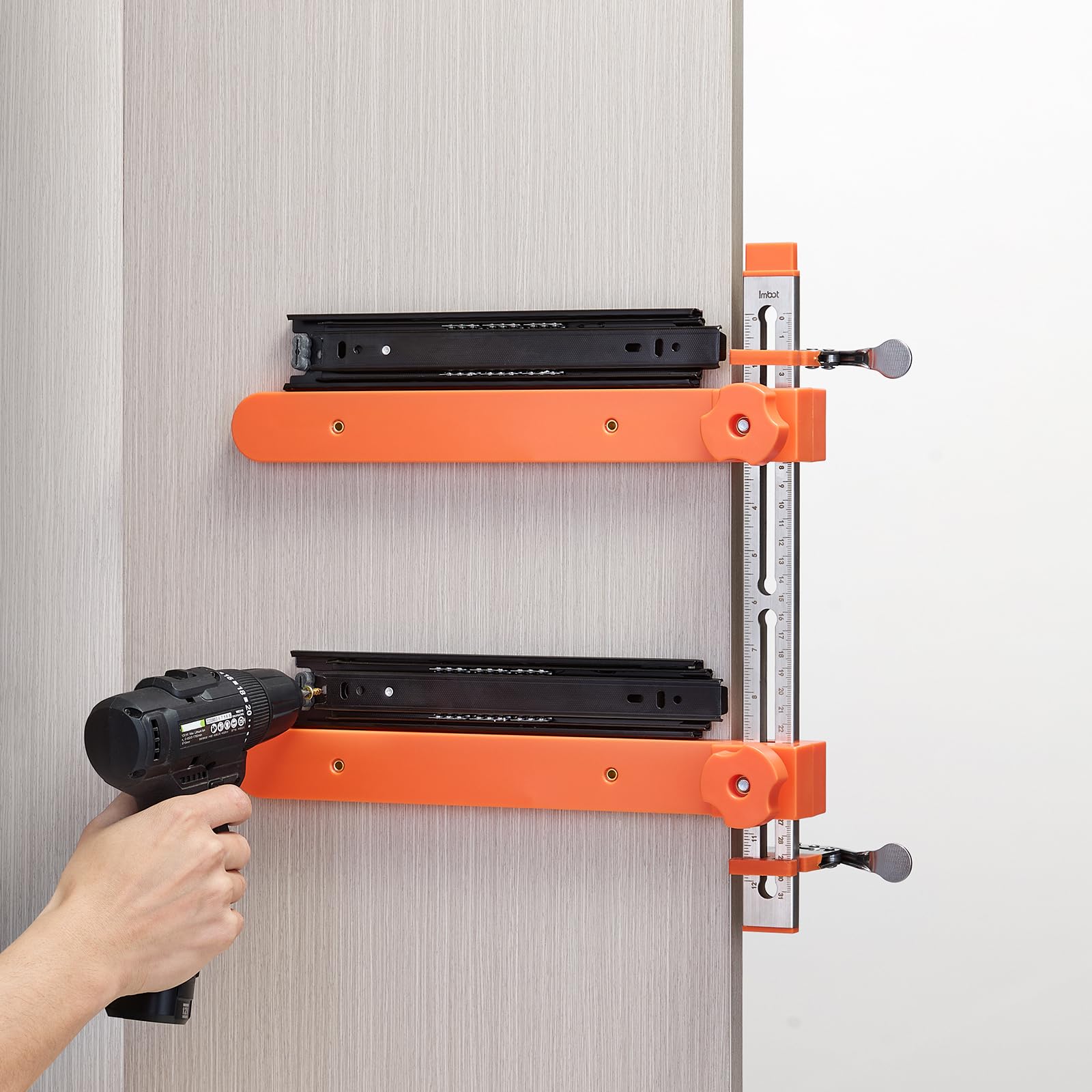 Imbot drawer jig used on cabinets, nightstands, and furniture assemblies.