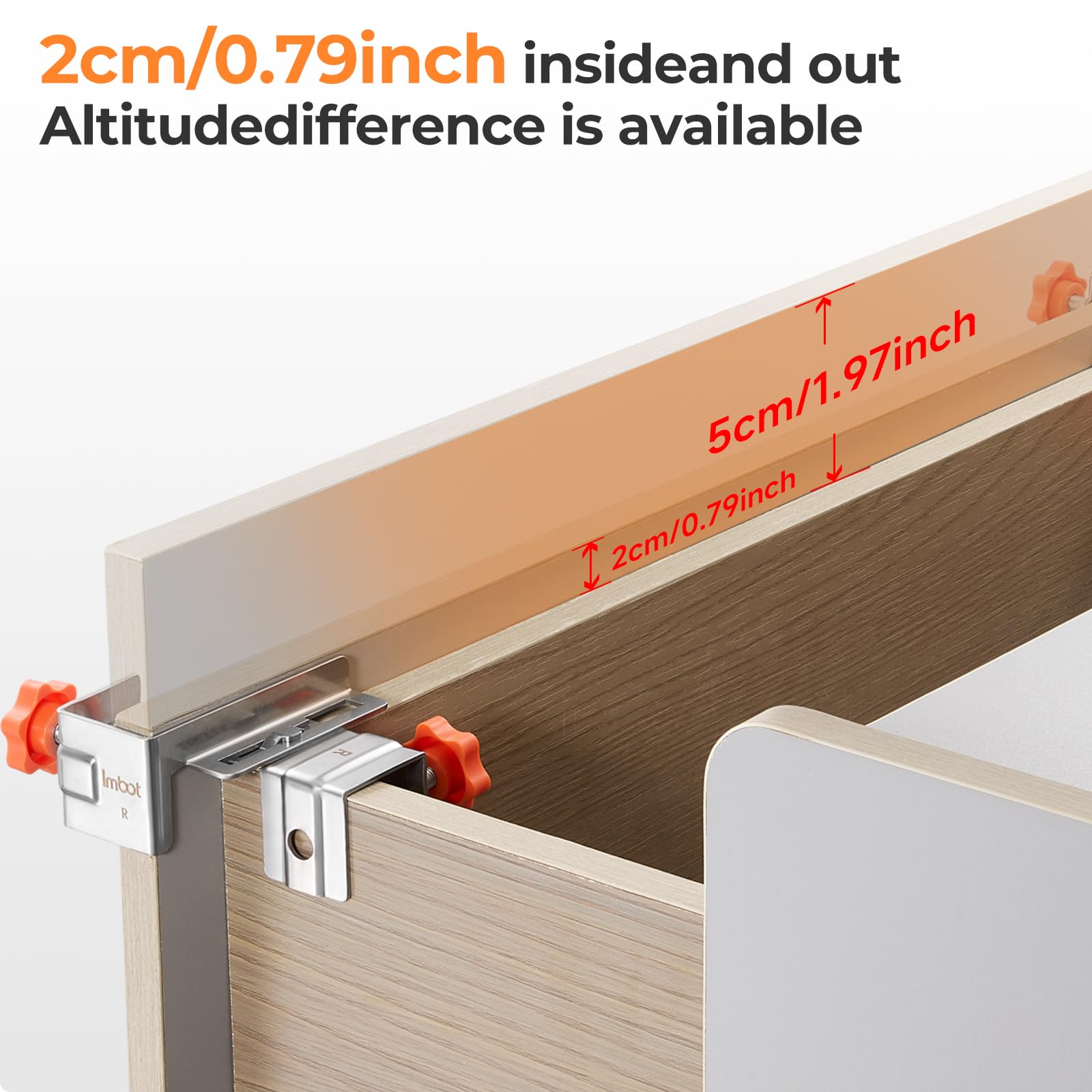 Imbot stainless steel drawer front clamps emphasize rugged build and long life.