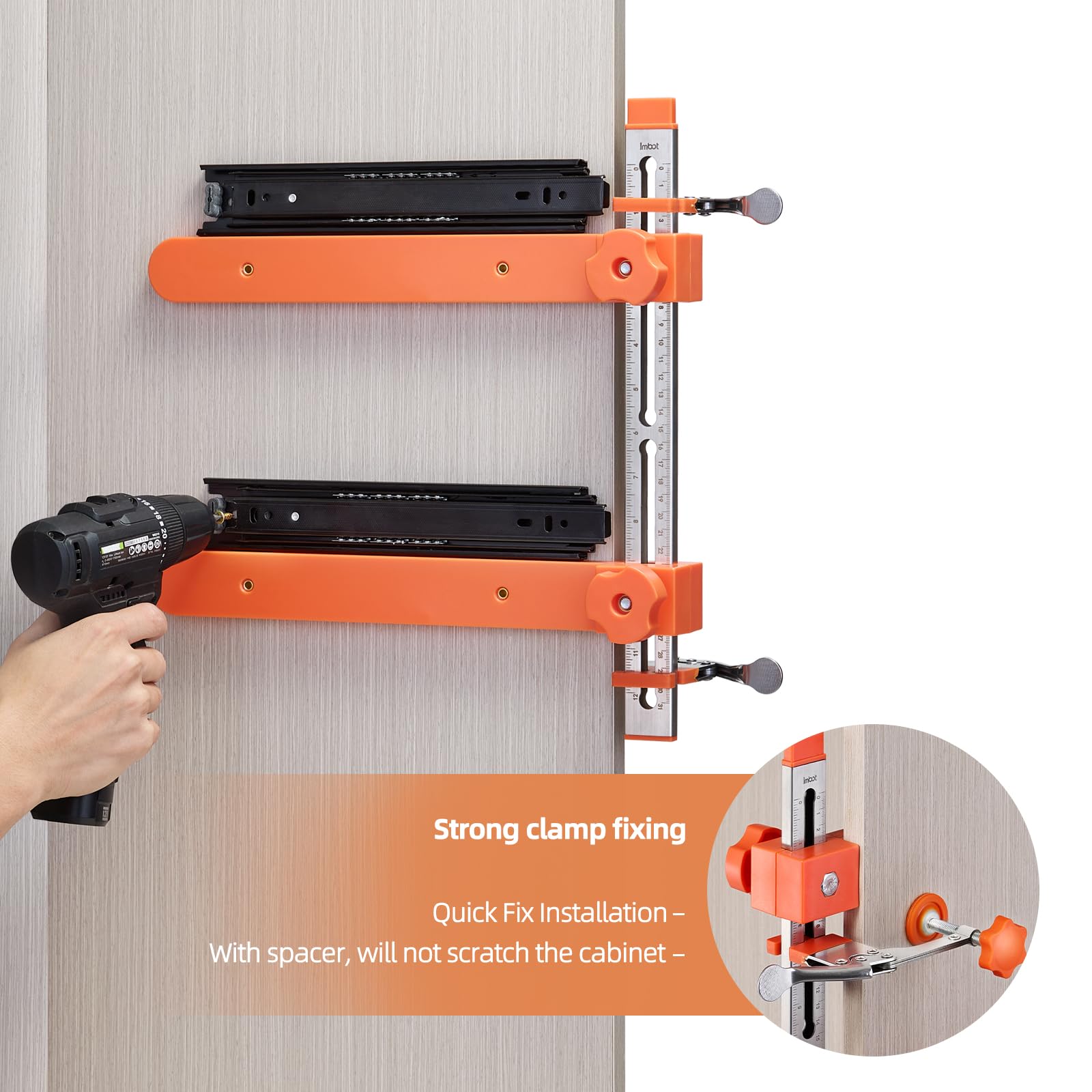 Imbot jig highlights durable materials for reliable drawer alignment.