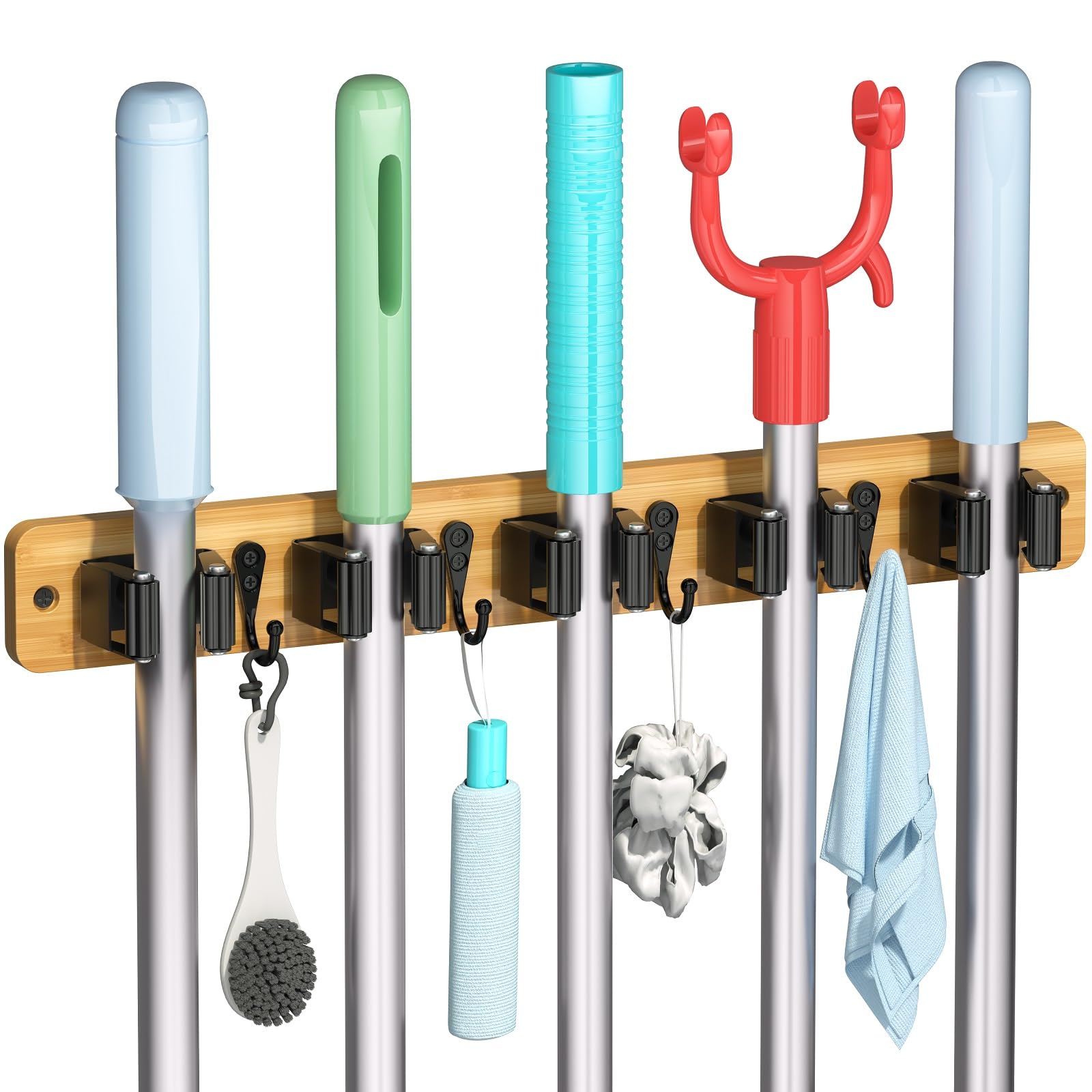 IMILLET bamboo broom holder wall mount with five clips and four hooks keeps tools tidy.