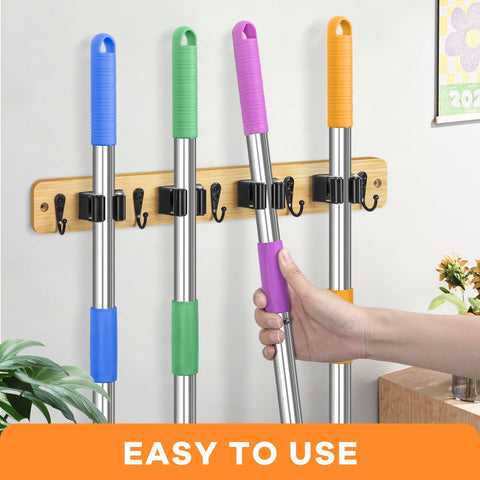 IMILLET bamboo mop holder back view shows sturdy mounting and secure grip.