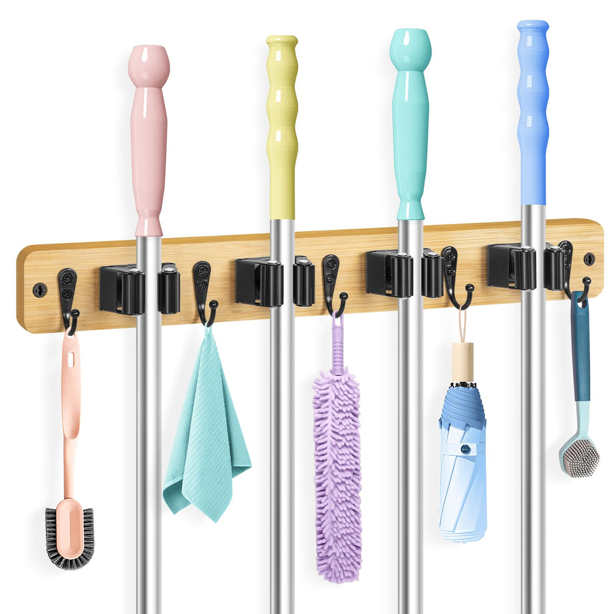 IMILLET bamboo mop holder on wall with four racks and five hooks for easy organization.
