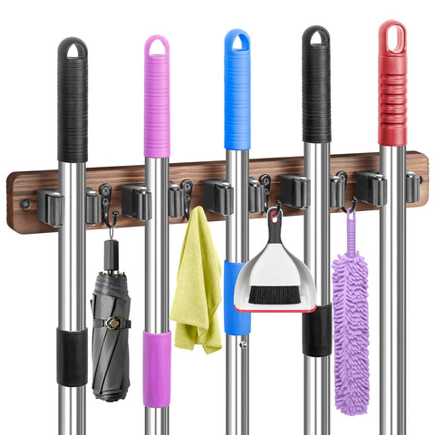 IMILLET broom holder wall-mount with wood and metal finish for easy-access cleaning tools