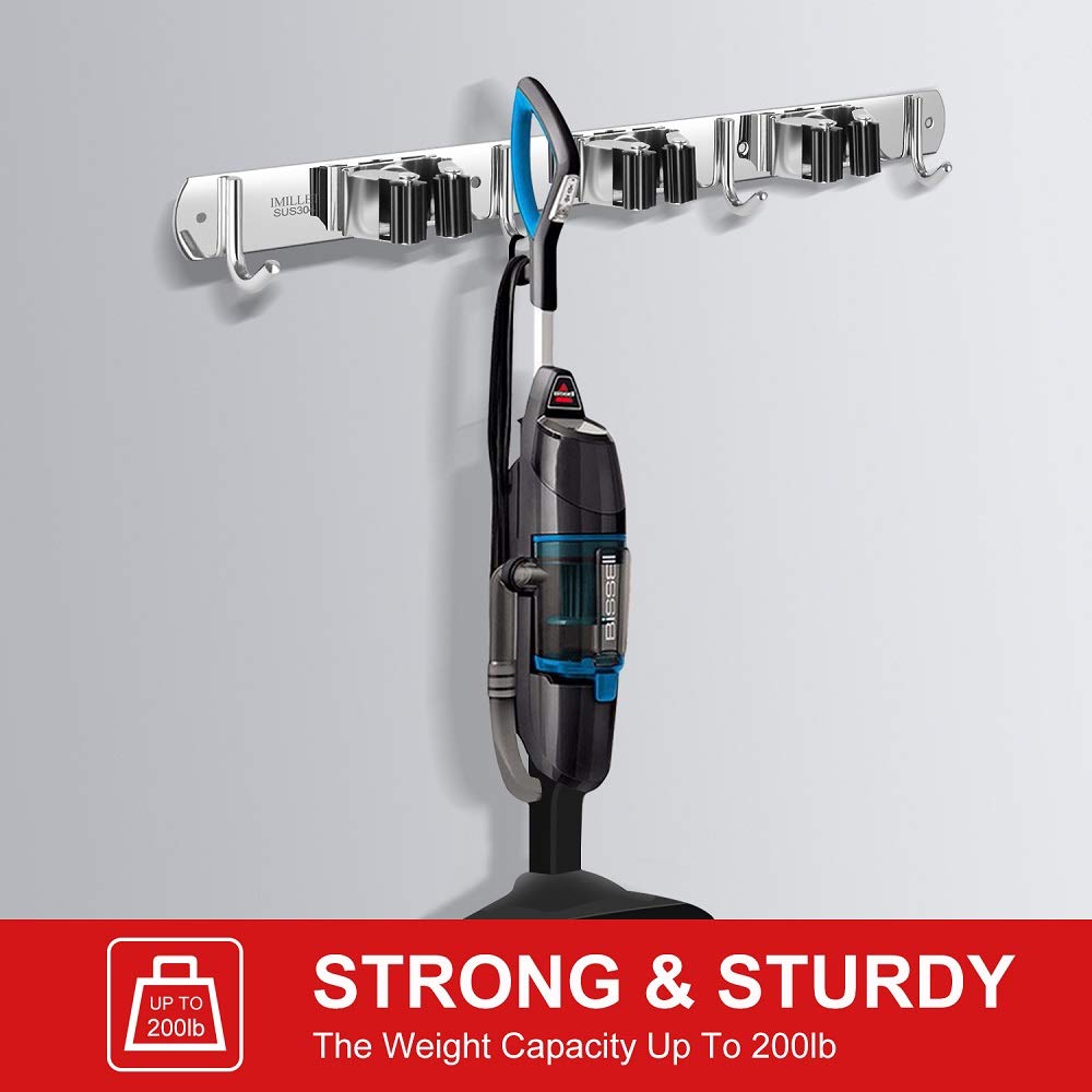 Heavy-duty IMILLET broom holder keeps up to 200 pounds of tools secure.