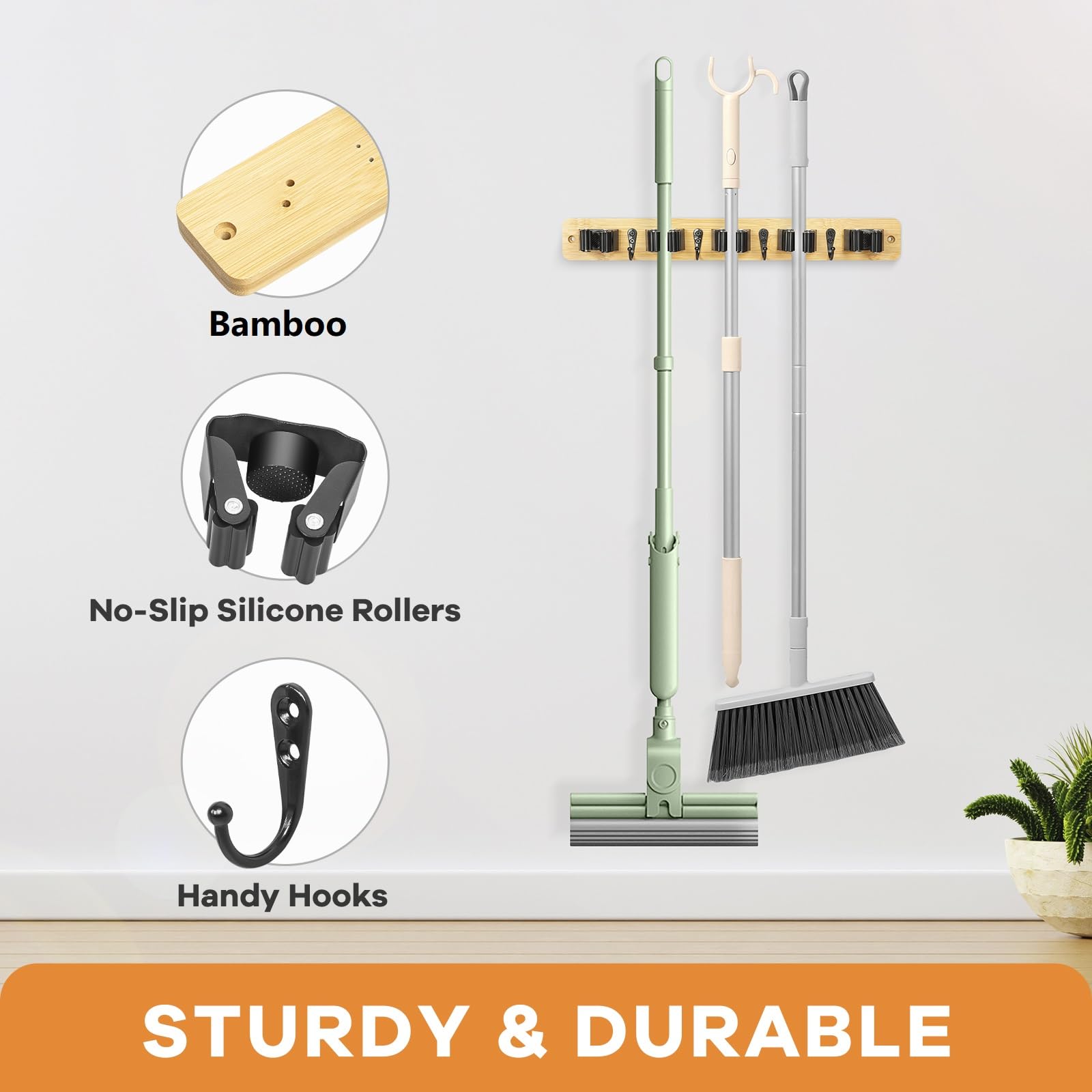 IMILLET rustic bamboo wall-mount adds warm decor while organizing cleaning gear.