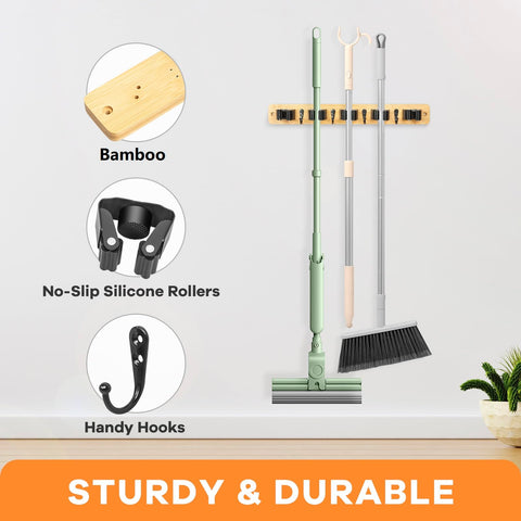 IMILLET rustic bamboo wall-mount adds warm decor while organizing cleaning gear.