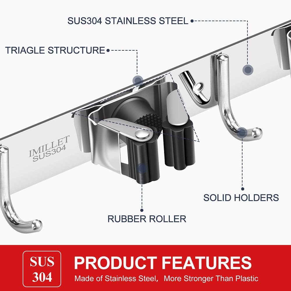 Close-up of IMILLET stainless steel broom holder showing durable, corrosion-resistant design.