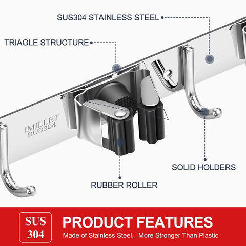 Close-up of IMILLET stainless steel broom holder showing durable, corrosion-resistant design.