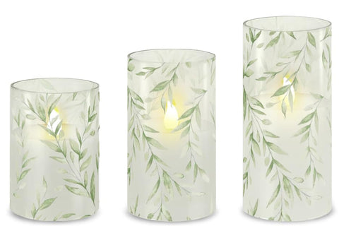 Immeiscent flameless candles shown on a dining table create romantic ambience.