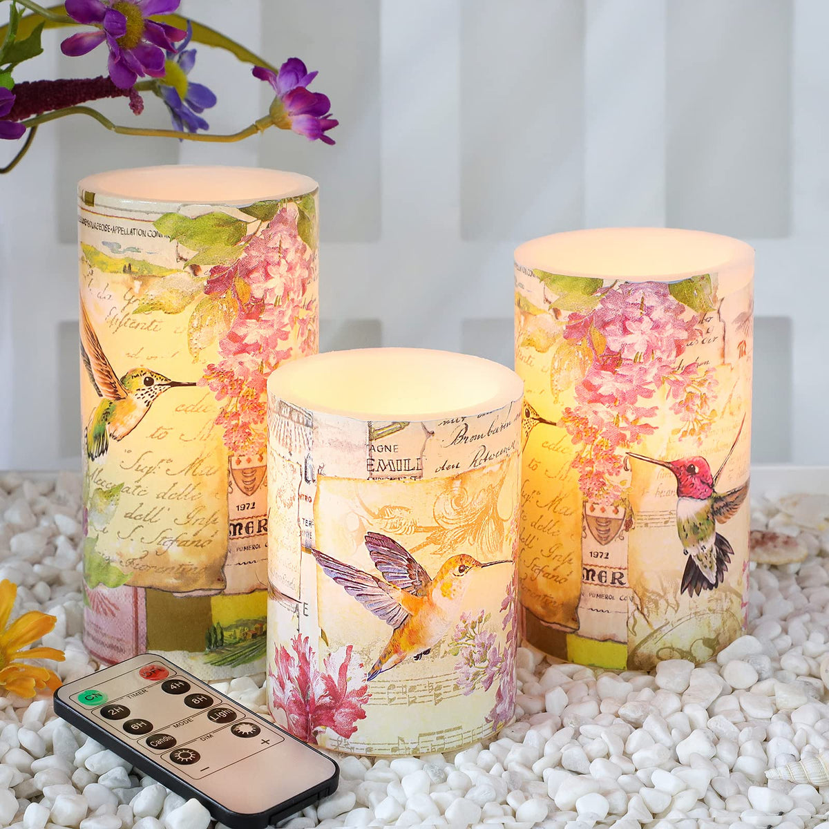 Immeiscent flameless candle with pink hummingbird decal for safe home decor.