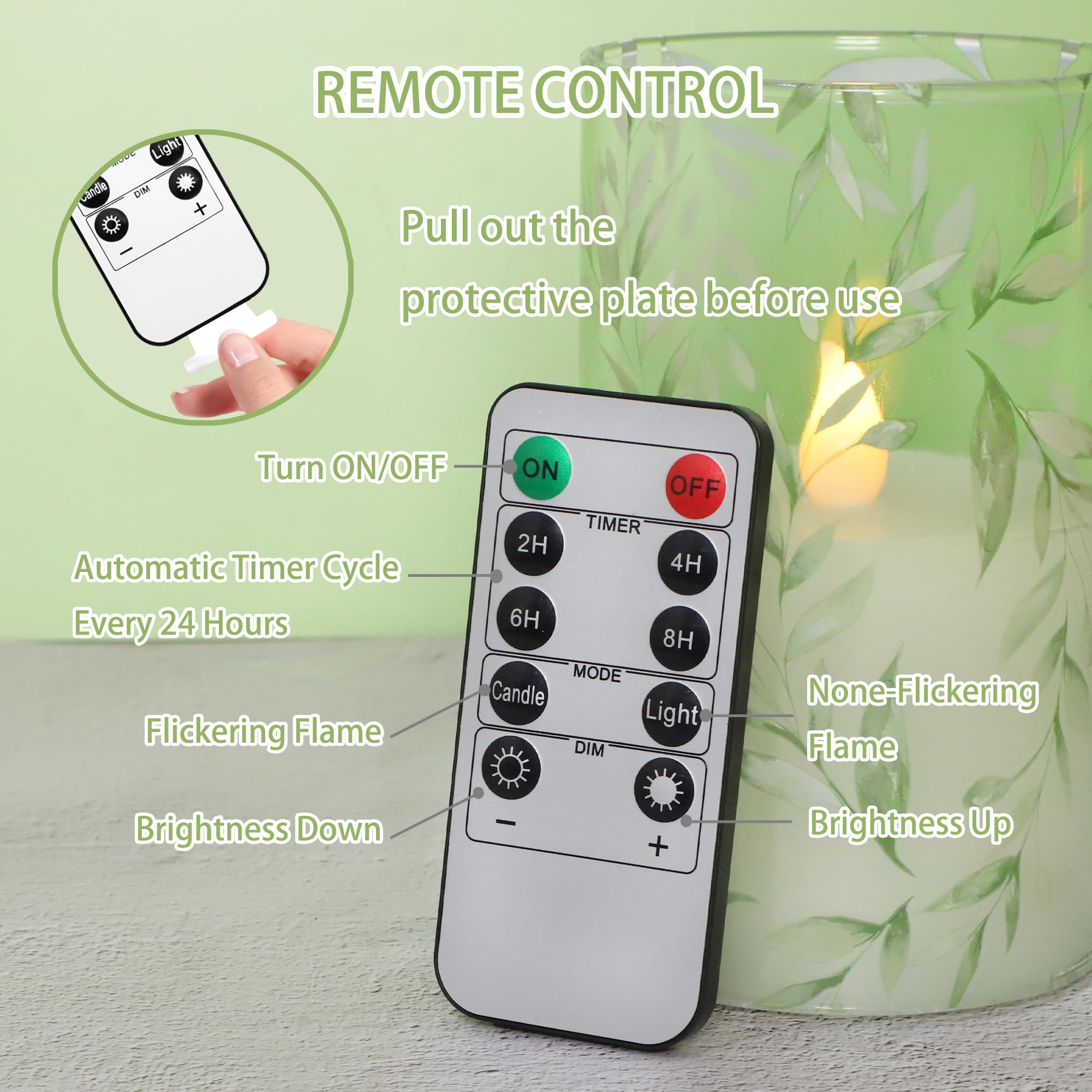 Immeiscent set of three candles with remote timer for easy on/off and brightness control.