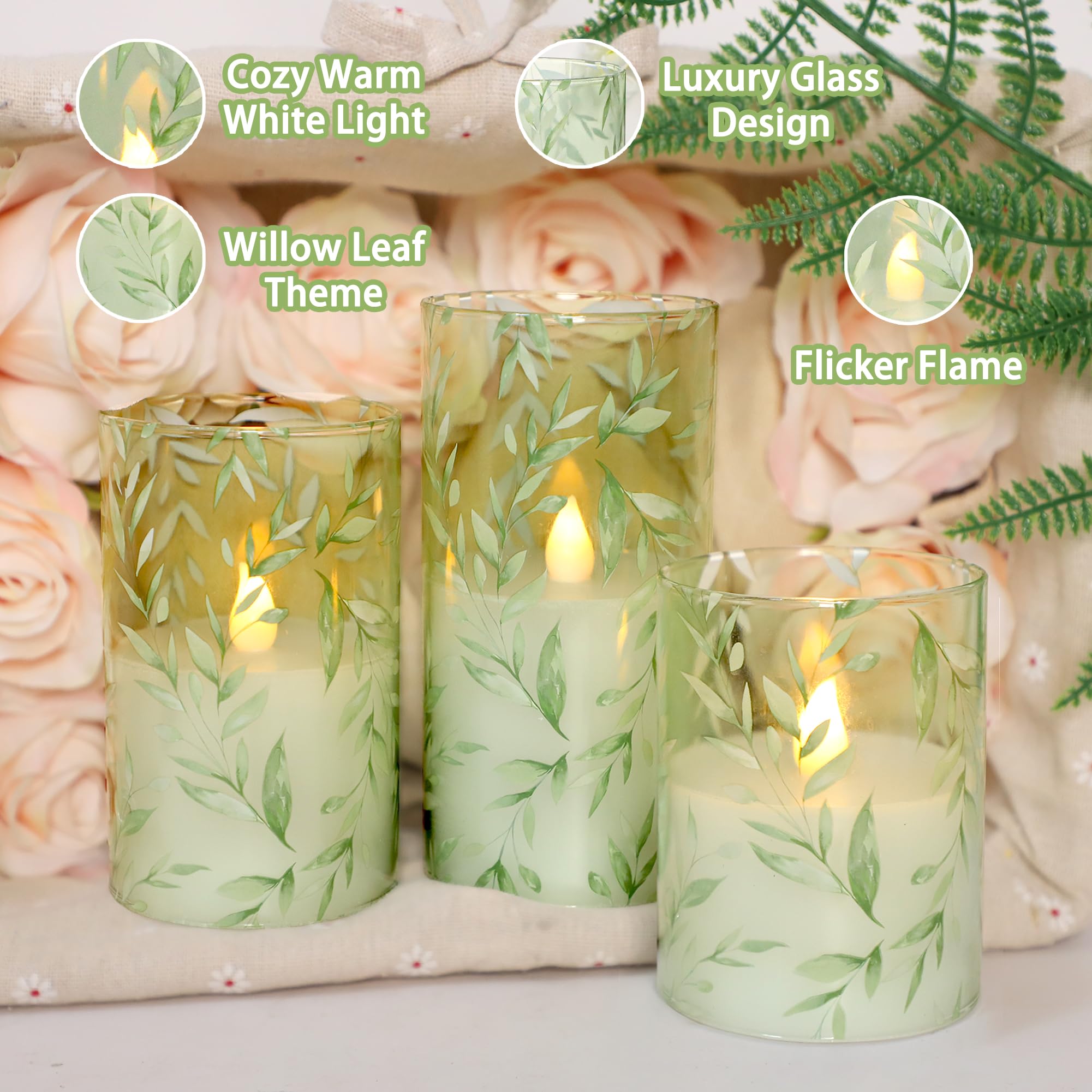 Immeiscent glass candles in natural green style ideal for centerpiece displays.