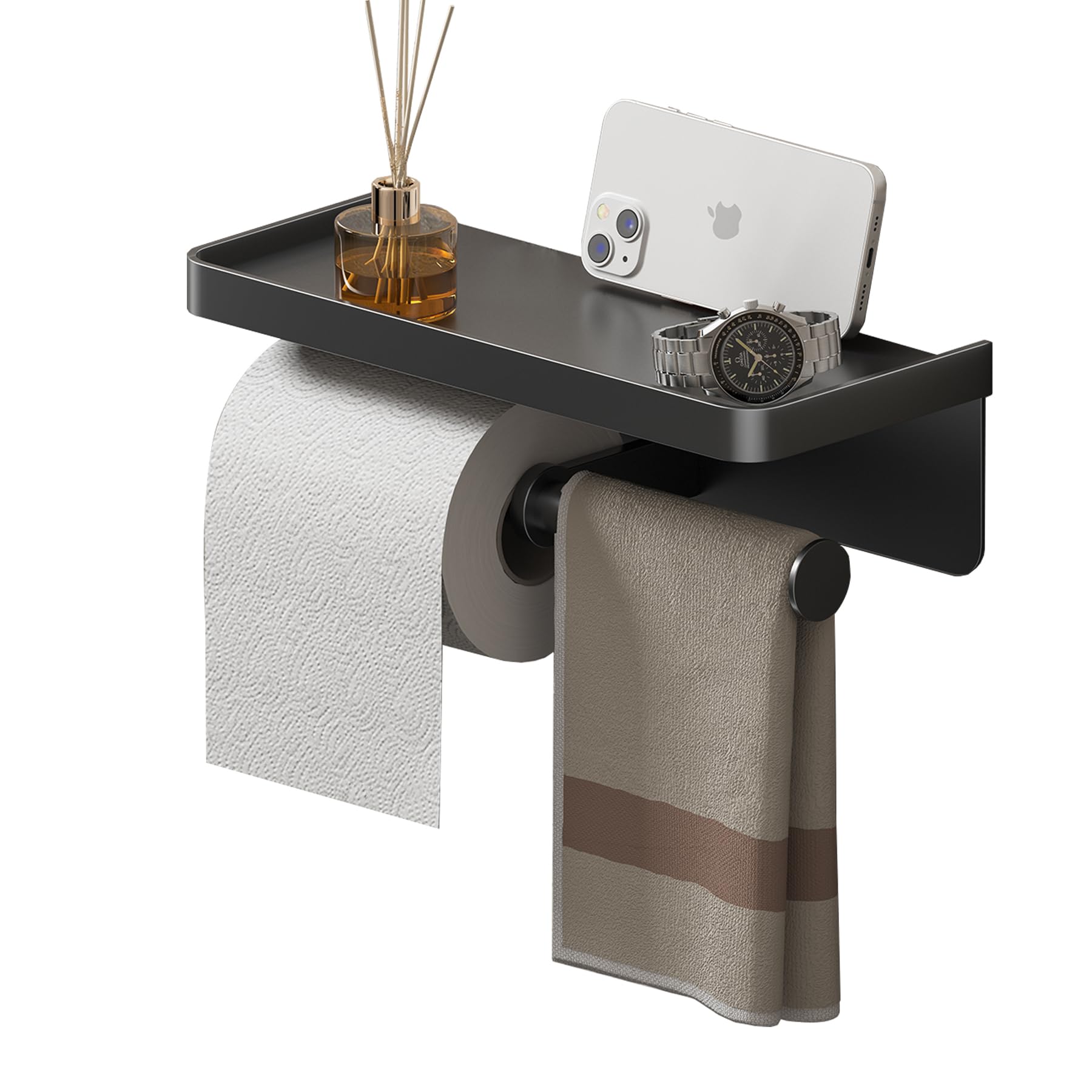 iMonse double toilet-paper-holder-with-shelf offers easy access and extra storage.