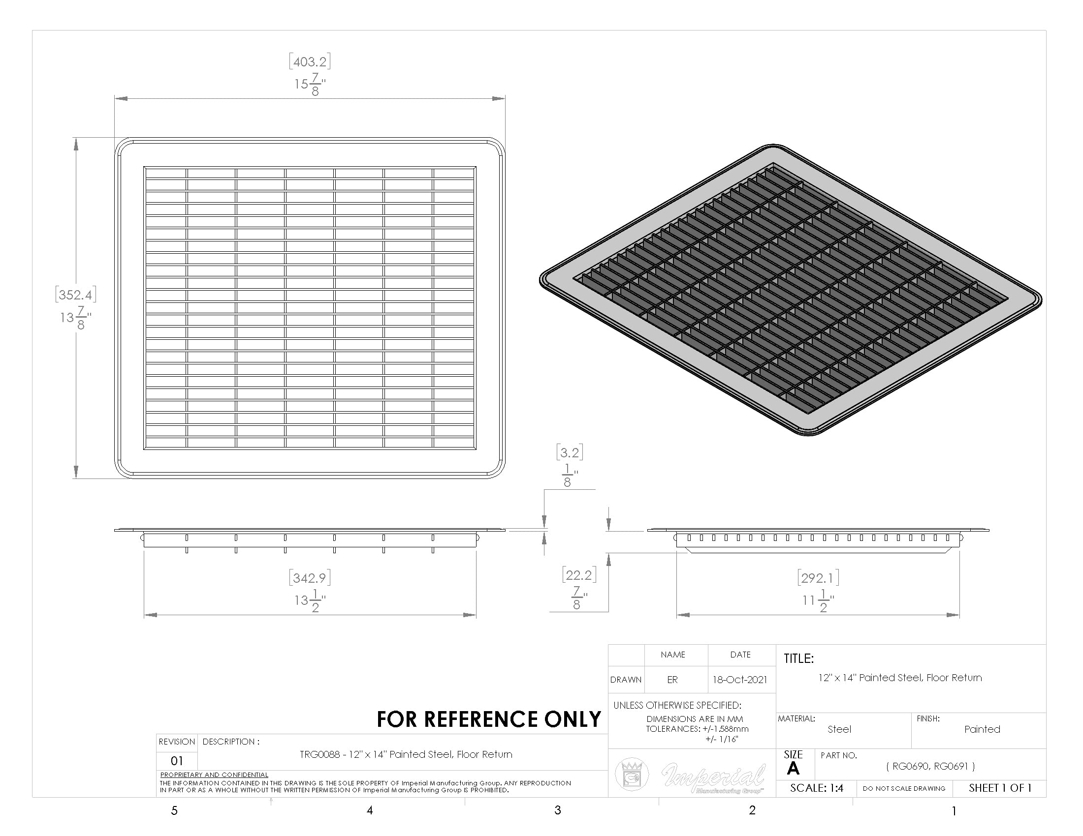 Imperial RG0690 brown floor return air grille detail highlighting powder-coated finish