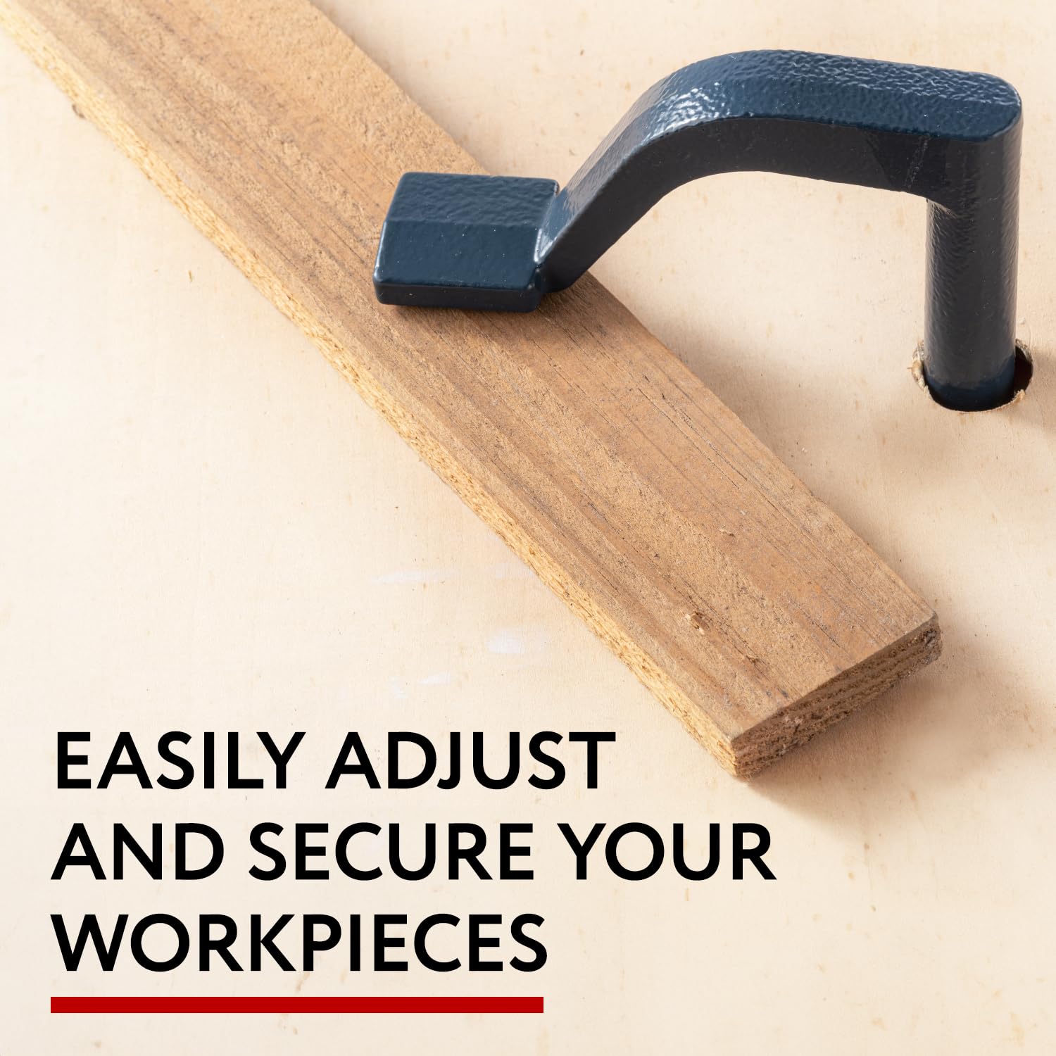 IMPRESA holdfast clamp provides secure grip on workpiece during woodworking tasks.
