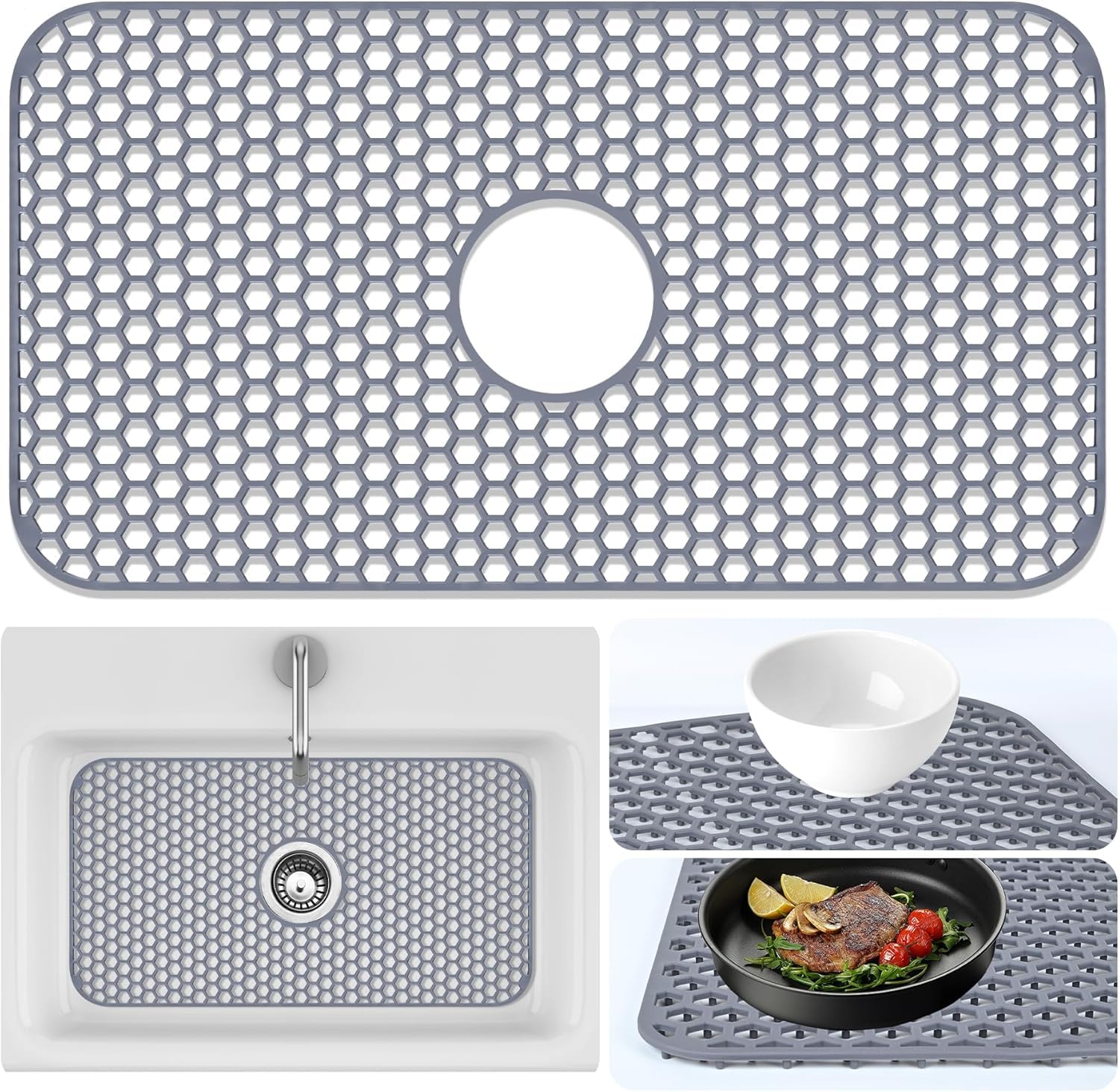 Inchoco sink protectors mat with center drain for fast drainage and dry countertops.