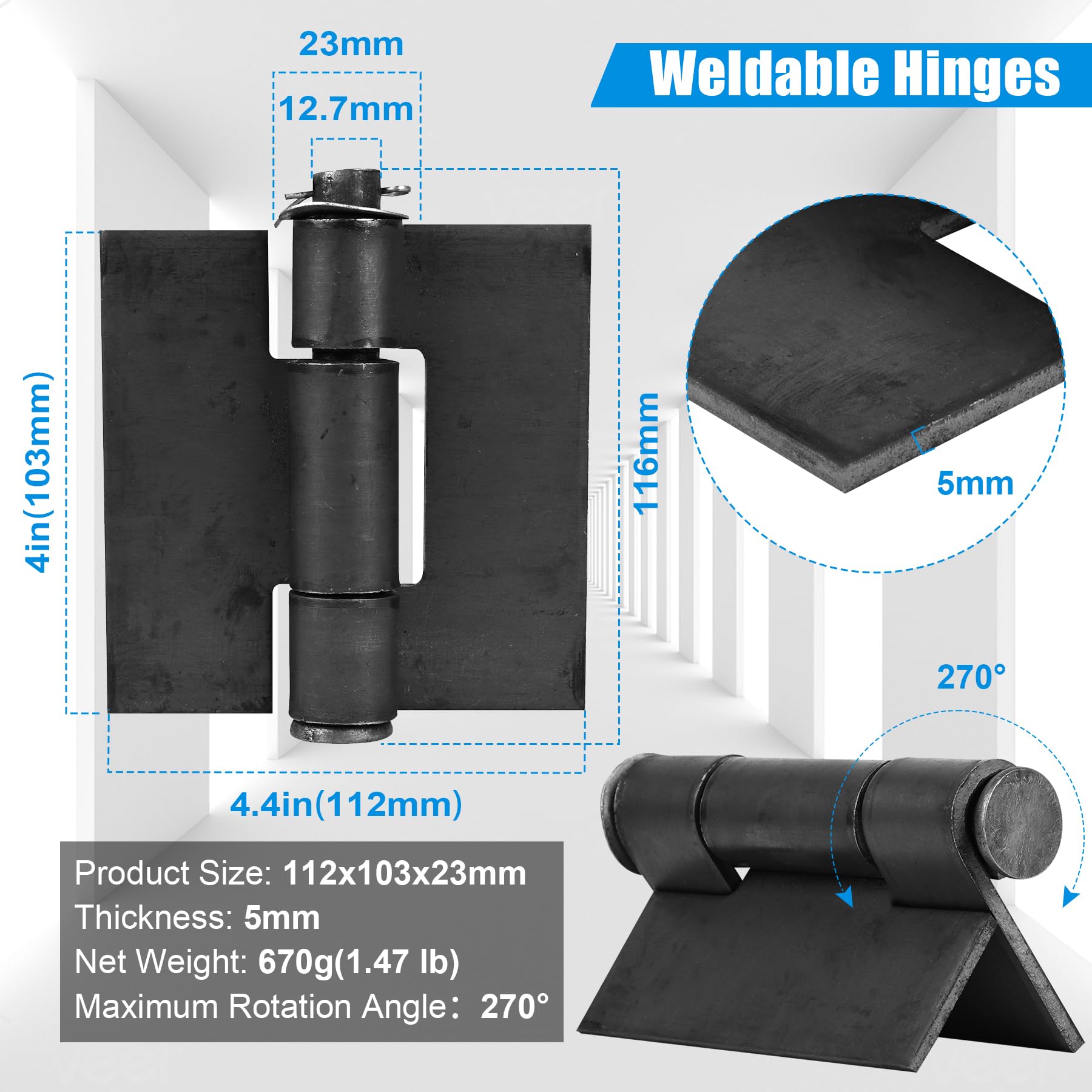 Inchoco weld-on hinges solid steel 5mm thickness for strong welds.