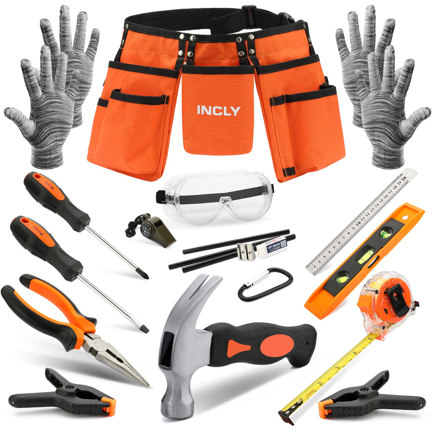 INCLY 18PCS Kids Tool Set belt with pockets for organized storage on DIY projects.