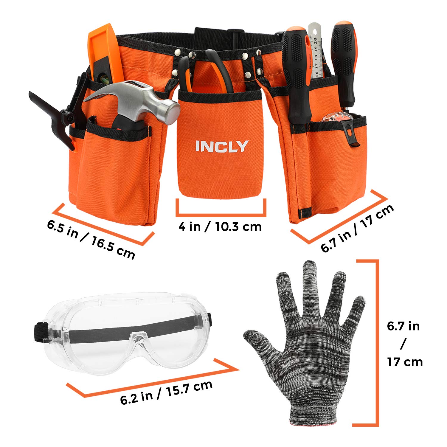 INCLY kids tool set pliers and screwdrivers for easy grip and turning.