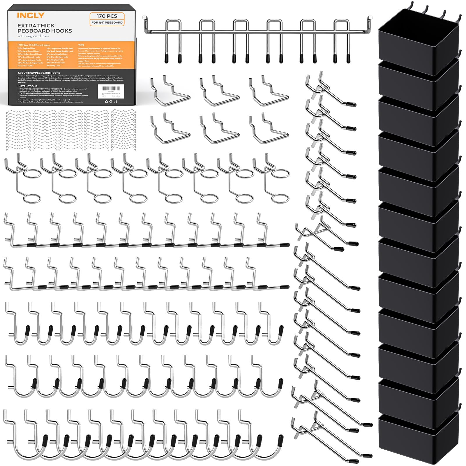INCLY 170pcs pegboard hooks kit top view for organized storage.