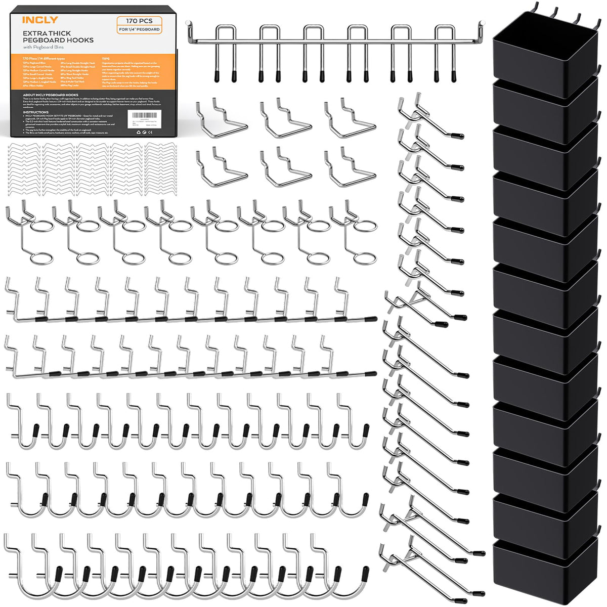 INCLY 170pcs pegboard hooks kit top view for organized storage.