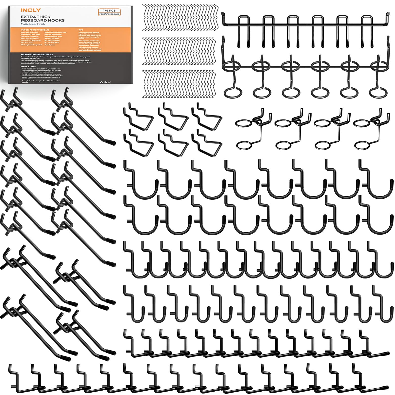 INCLY pegboard hooks collection on wall keeps tools organized.