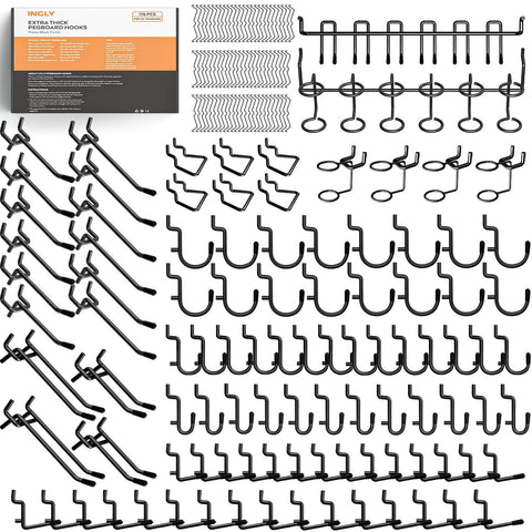 INCLY pegboard hooks collection on wall keeps tools organized.