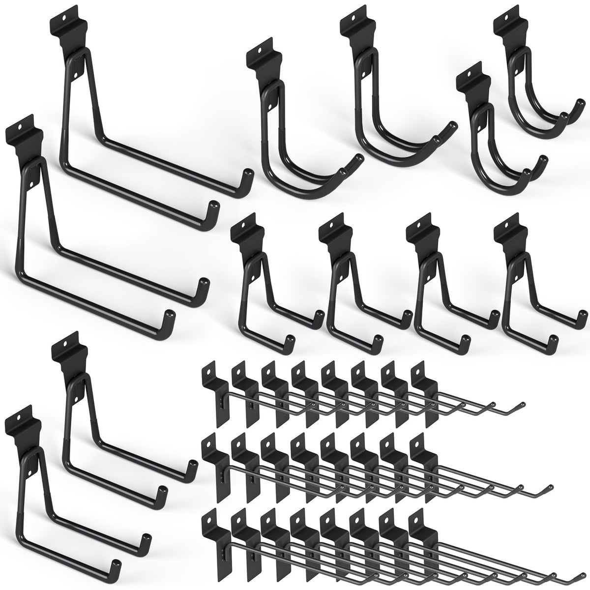 INCLY 36-pack heavy-duty slatwall hooks on black panel for organized garage storage