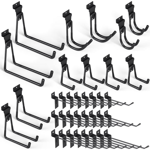 INCLY 36-pack heavy-duty slatwall hooks on black panel for organized garage storage
