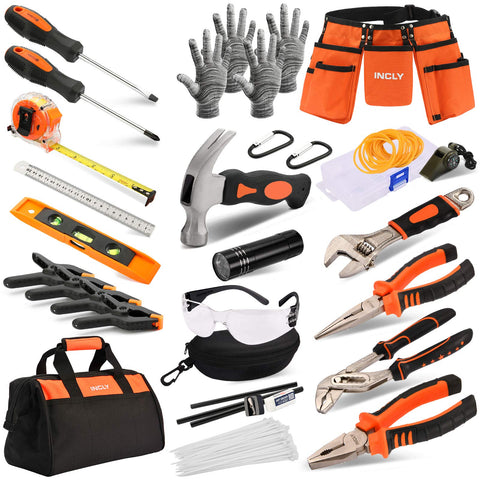 INCLY 95 PCS Kids Real Tool Set with hammer: sturdy for home DIY projects.
