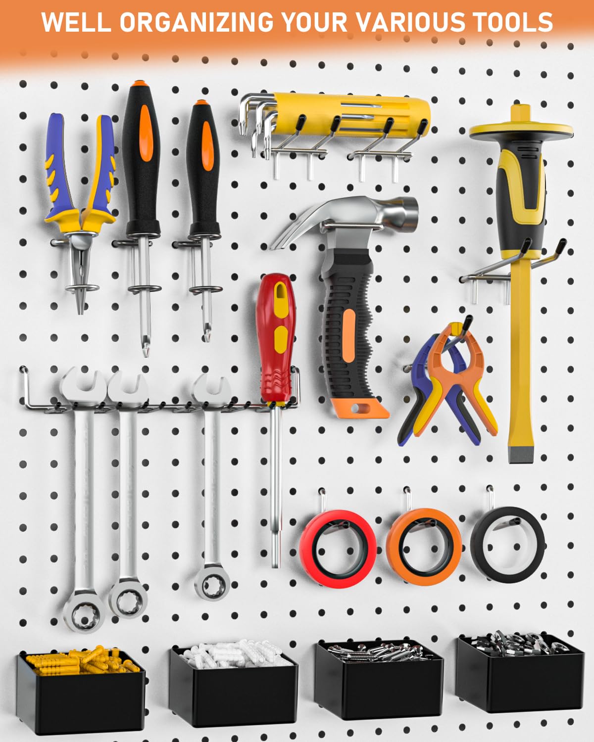 Compact storage layout using INCLY pegboard kit in a workshop.