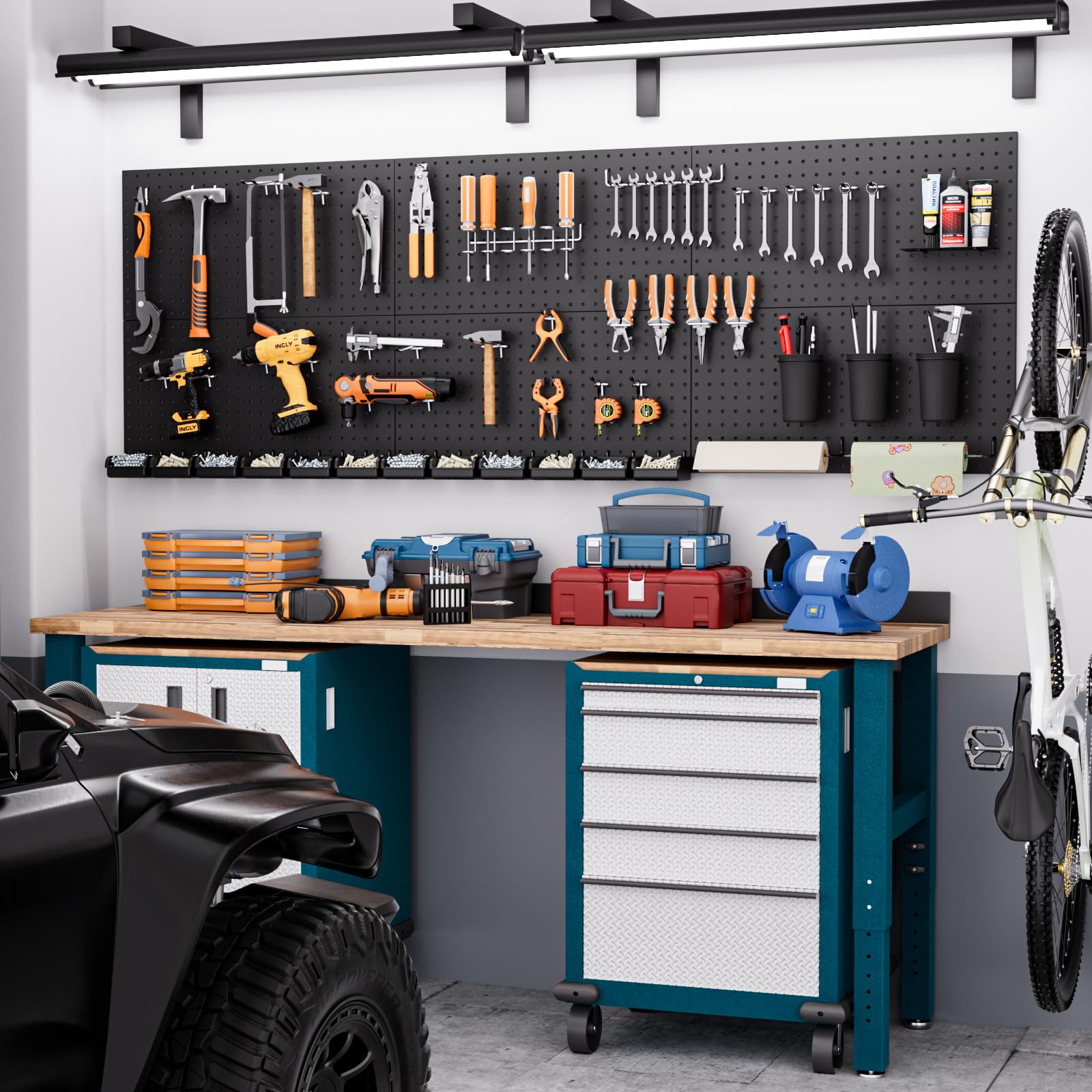 INCLY garage workbench storage system demonstrating space-saving organization.