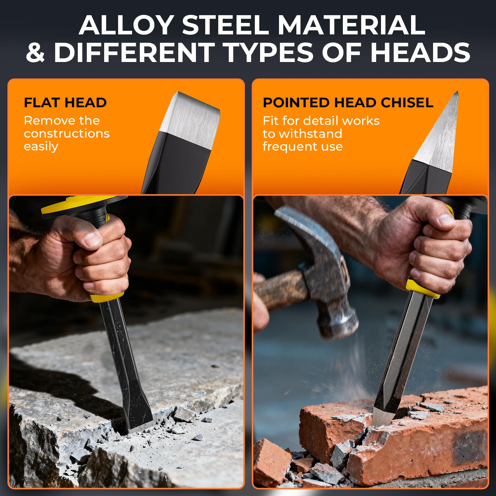 INCLY masonry chisel set featuring hand guard and rubber grip for comfort.