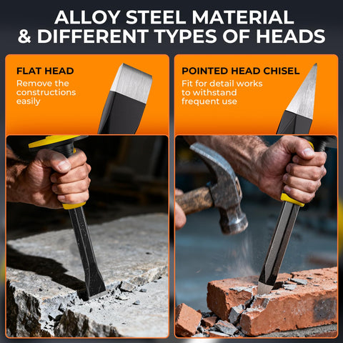 INCLY masonry chisel set featuring hand guard and rubber grip for comfort.