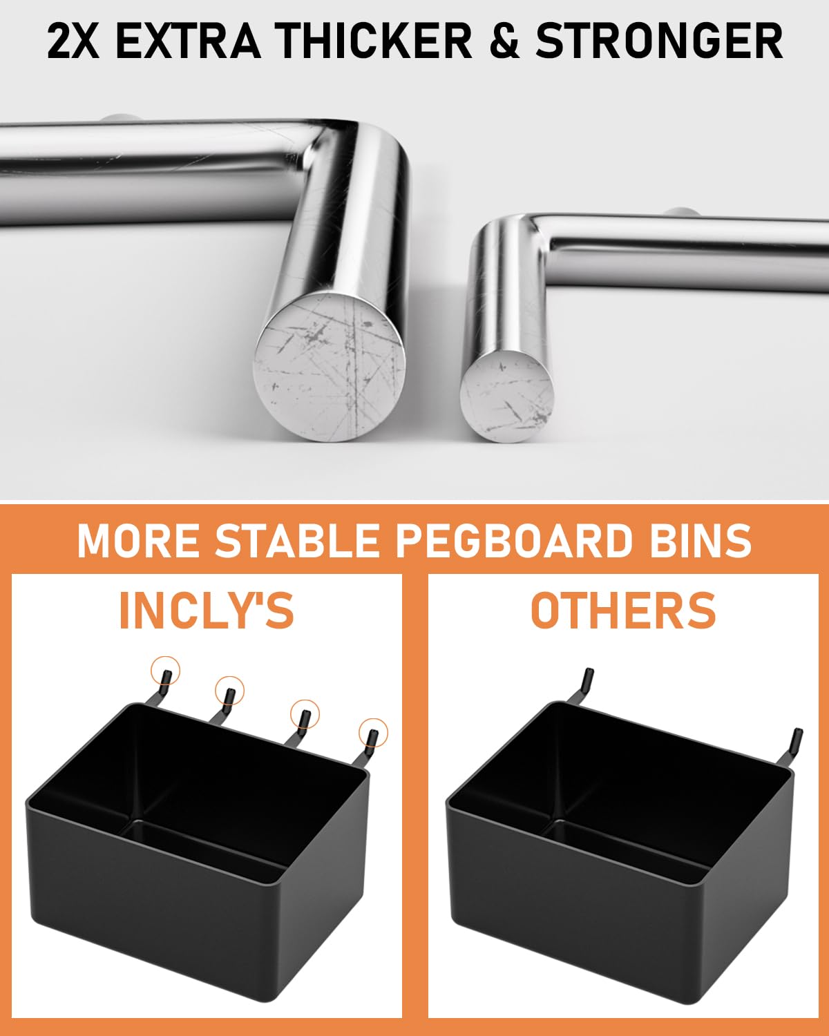 INCLY pegboard bins and holders arranged on board for easy tool access.