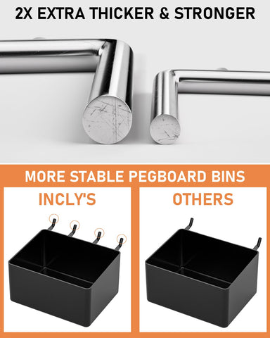 INCLY pegboard bins and holders arranged on board for easy tool access.