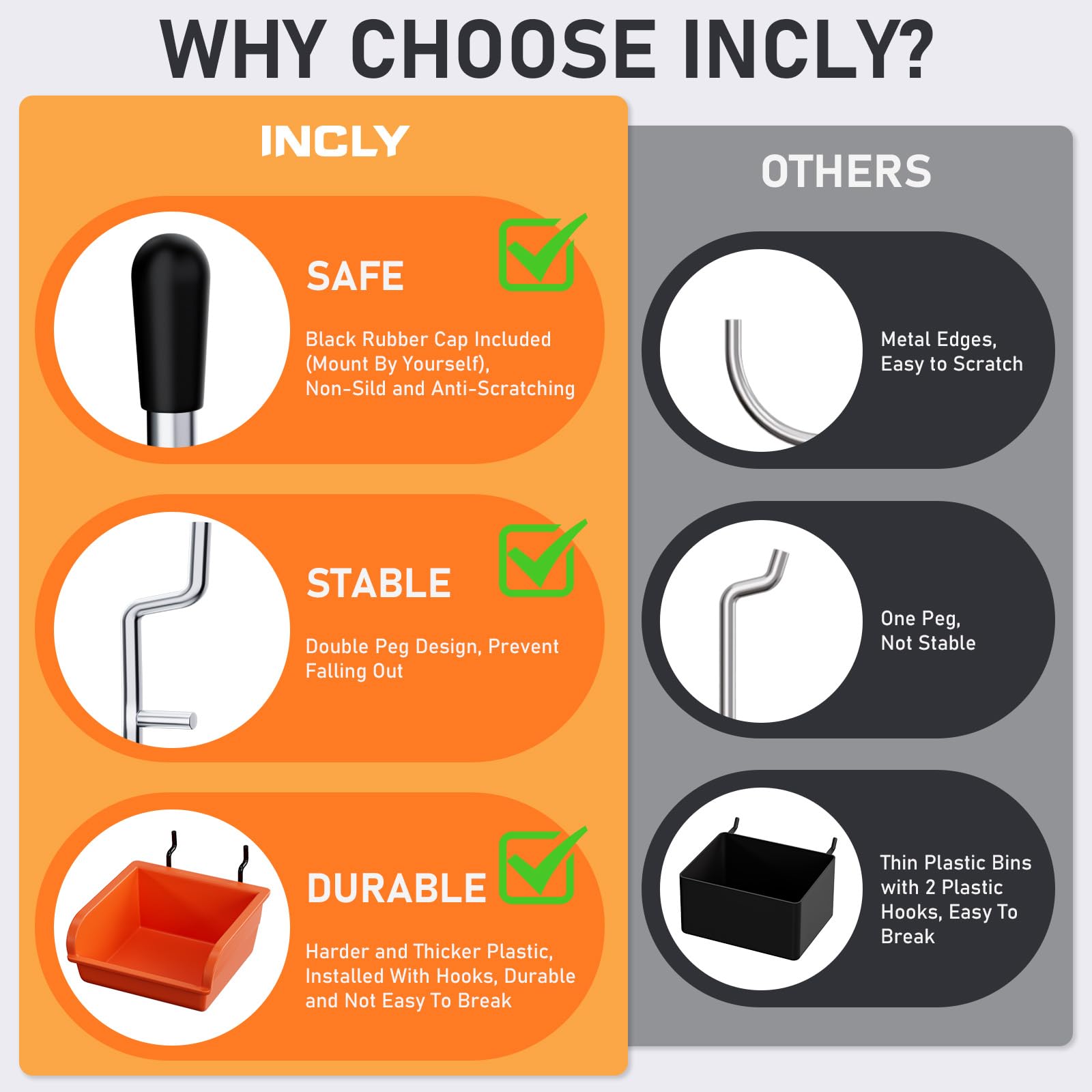INCLY pegboard-bins-cups durable plastic bins and cups for quick access