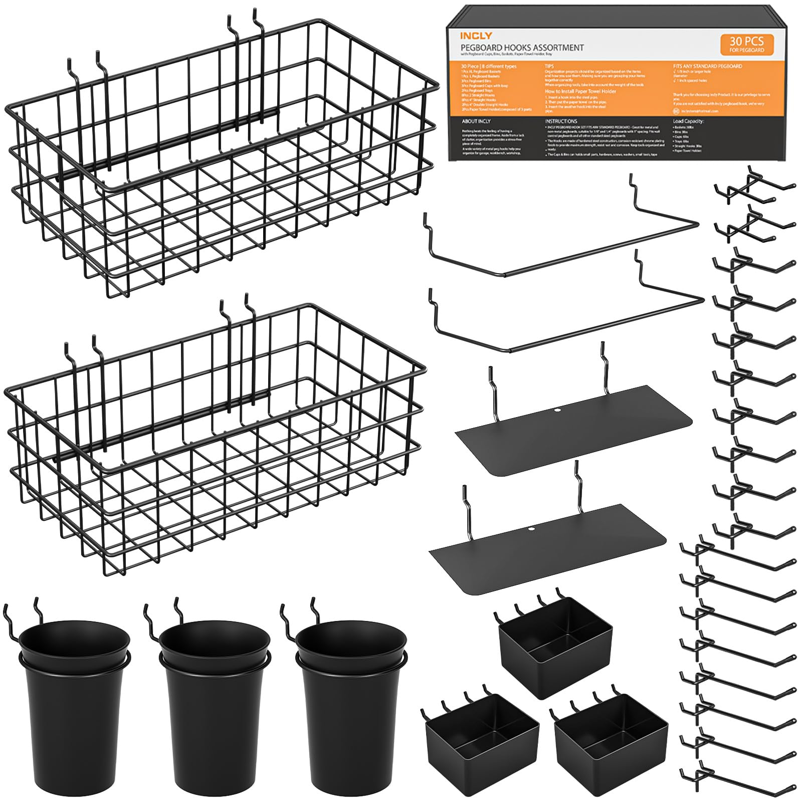 INCLY pegboard XL bins mounted on a wall for extra garage storage